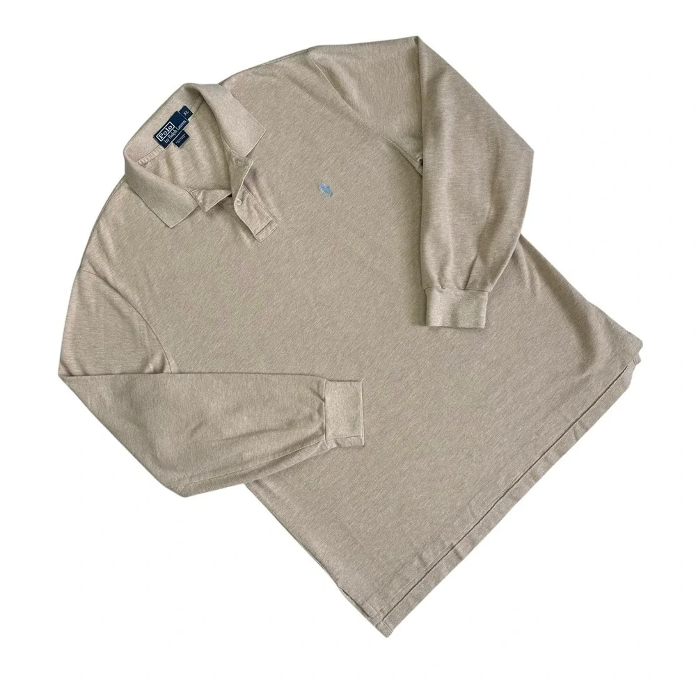 Vtg Y2K Polo Ralph Lauren Golf Polo Shirt Long Sleeve Men XL Beige Preppy Rugby